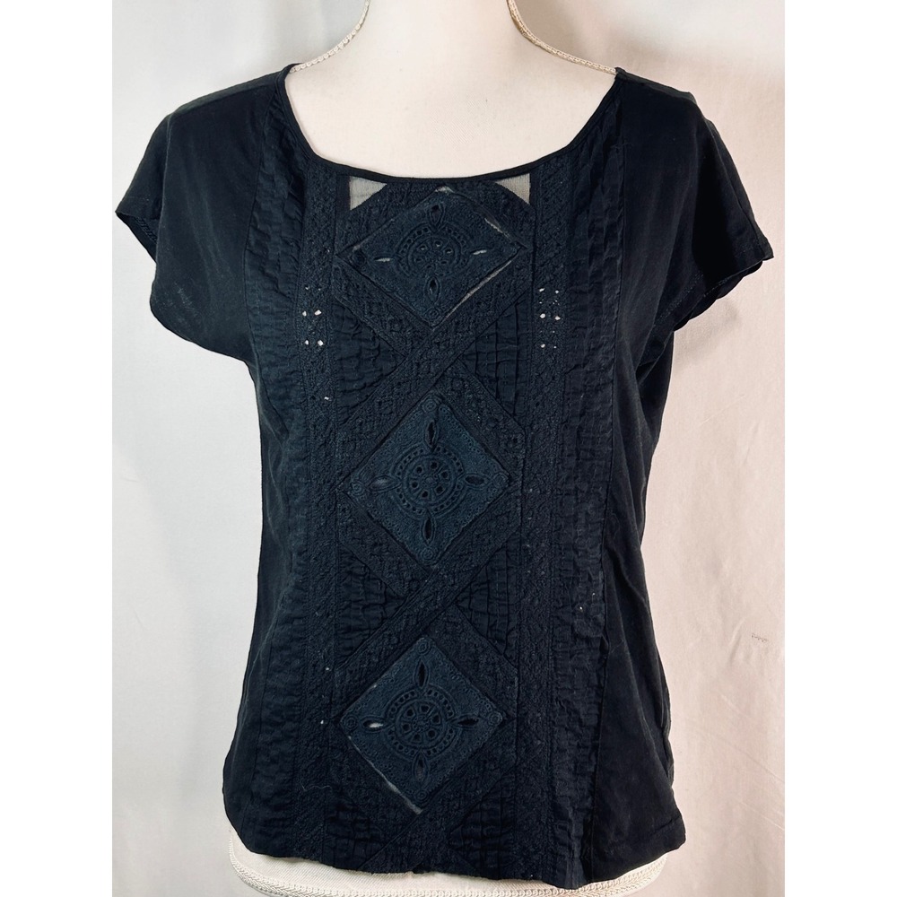 Lauren Ralph Lauren Black Embroidered Eyelet Mesh Cotton Top XS Boho Scoop Neck‎